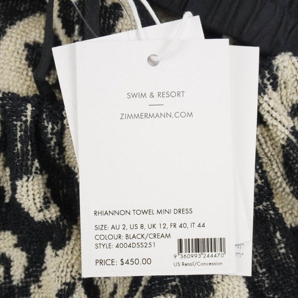 Zimmermann Rhiannon Cotton Terry Mini Dress in Black/Cream Size US 8 (NWT) - Picture 10 of 12